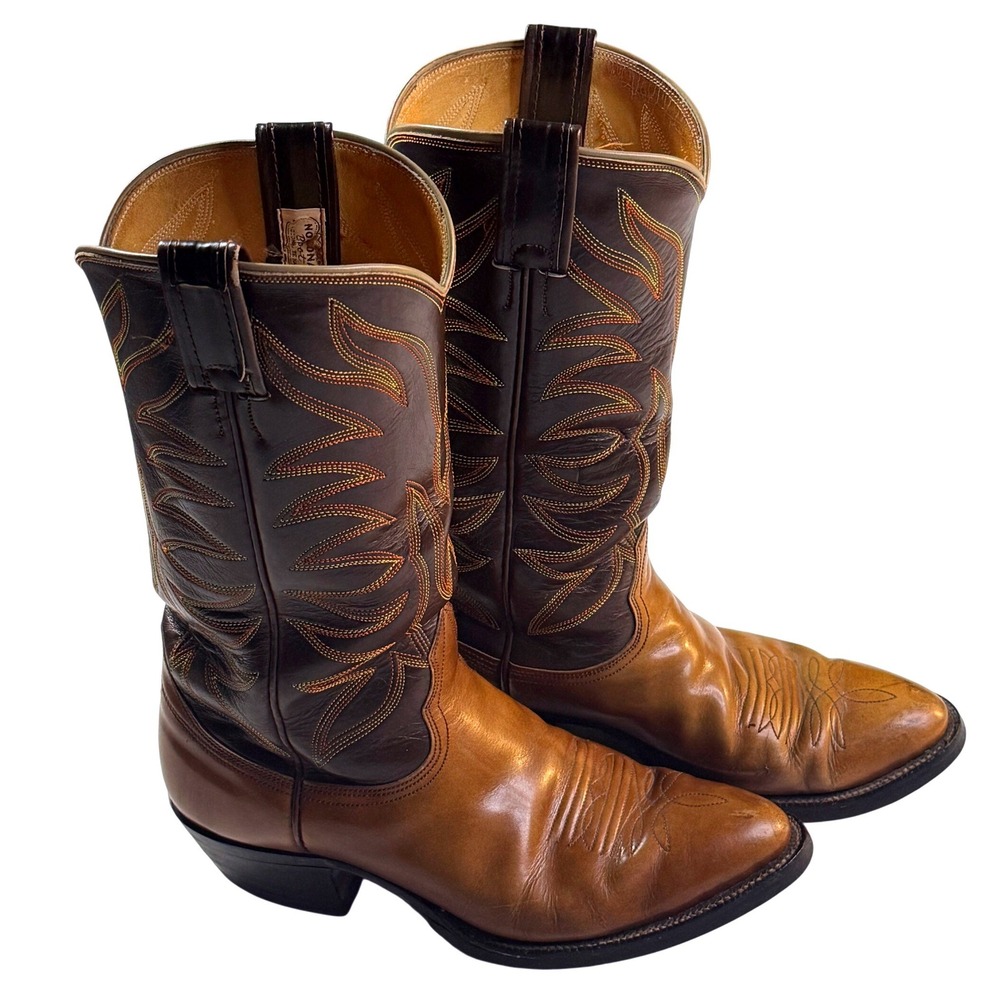 Vintage 80s Nocona USA Cowboy Boots Men's 8.5 D Brown TX Western Flame Stitchin